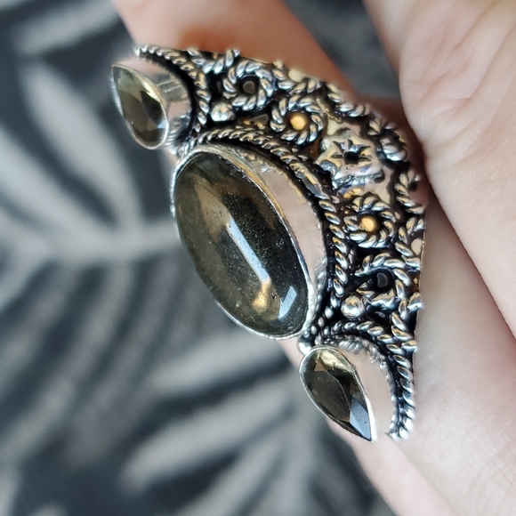 New Silver Sheen Obsidian & Smoky Topaz 925 Silver Statement Ring. - Picture 5 of 13